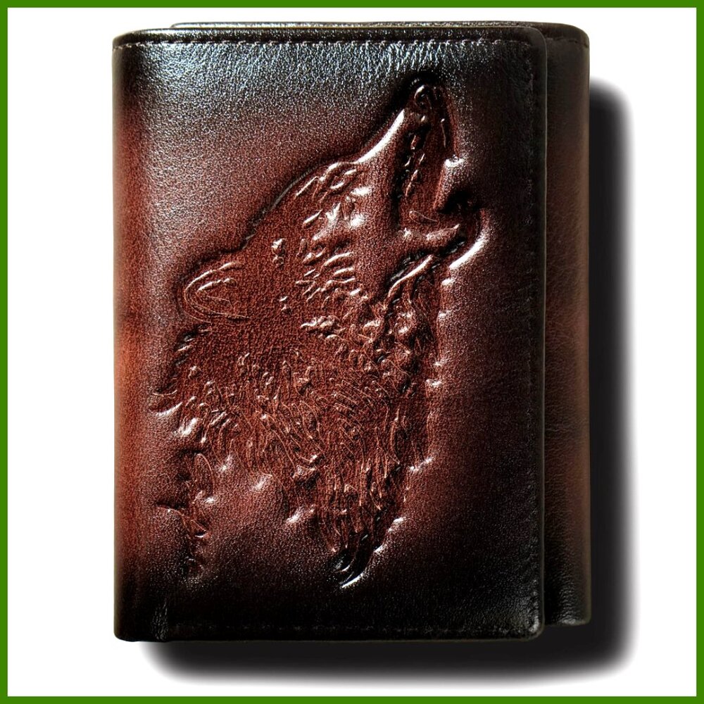 Men's Leather Trifold Wallet with RFID Blocking and Wolf Engraving